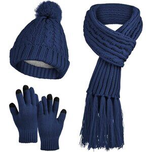 Warm Winter Beanie Hat Scarf and Touchscreen Gloves Set for Women Knitted Pom